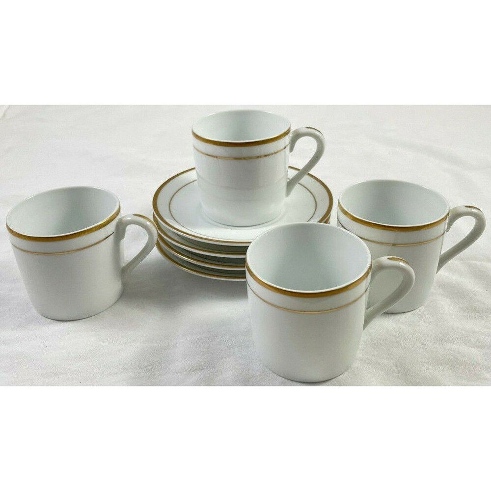 White Gold Demitasse Tea Cup & Saucers Espresso Coffee Set of 4 Gumps Japan